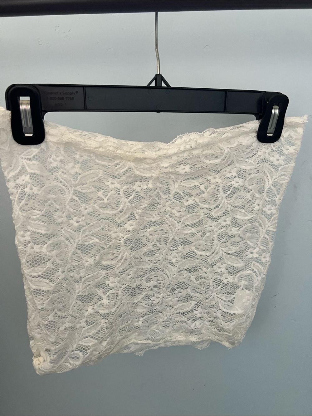 White lace bandeau top with matching panties. Includes solid white socks.